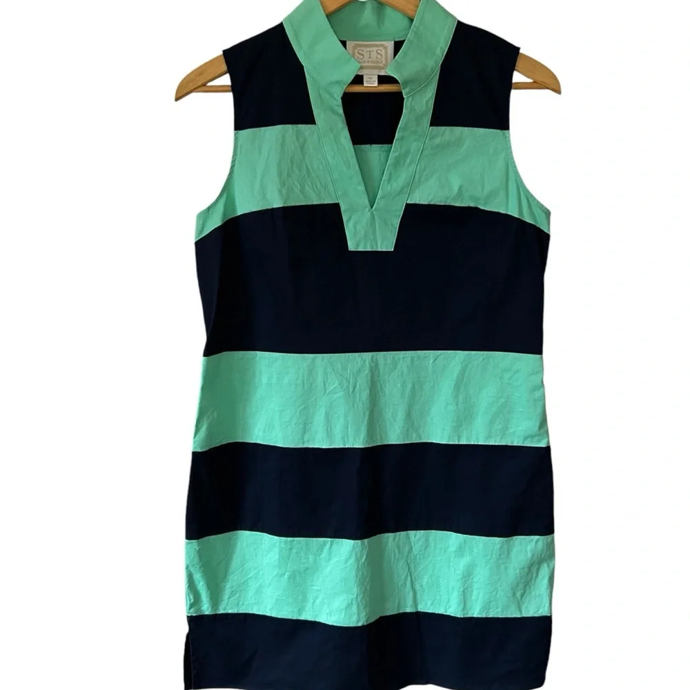 STS Sail to Stable Dress Rugby Stripe Navy Blue Teal Green Preppy Tenniscore Med